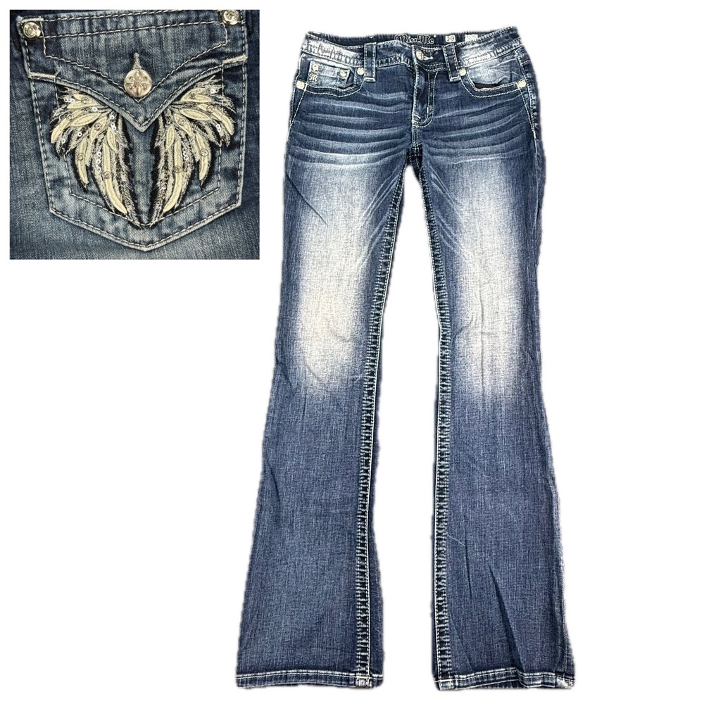 Miss Me Women's Boot Cut Jeans - Blue with Cream Embroidery